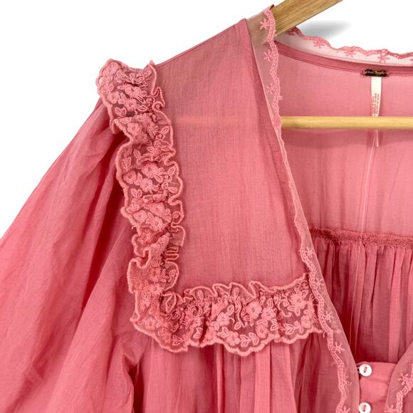 Free People Luna Top Mauve Glow Pink Lace Boho Peasant Shirt Women's Size Large - Picture 2 of 9